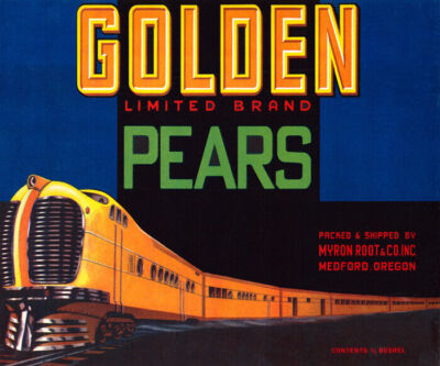 CRATE LABEL GOLDEN LIMITED BRAND PEARS FRUIT TRAIN OREGON VINTAGE POSTER REPRO