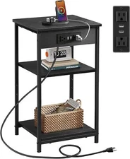 WLIVE End Table with Charging Station and USB Ports, 3-Tier Side Black 