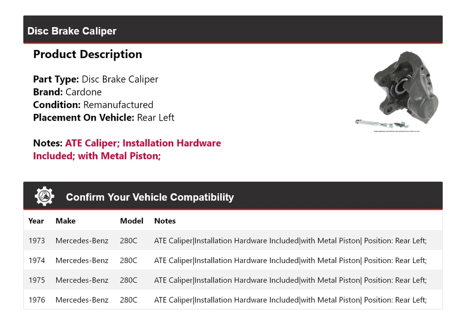 Pinza de freno de disco trasera izquierda cardone 1974 1975 para Mercedes-Benz 280C 1973-1976 Foto 2 de 4