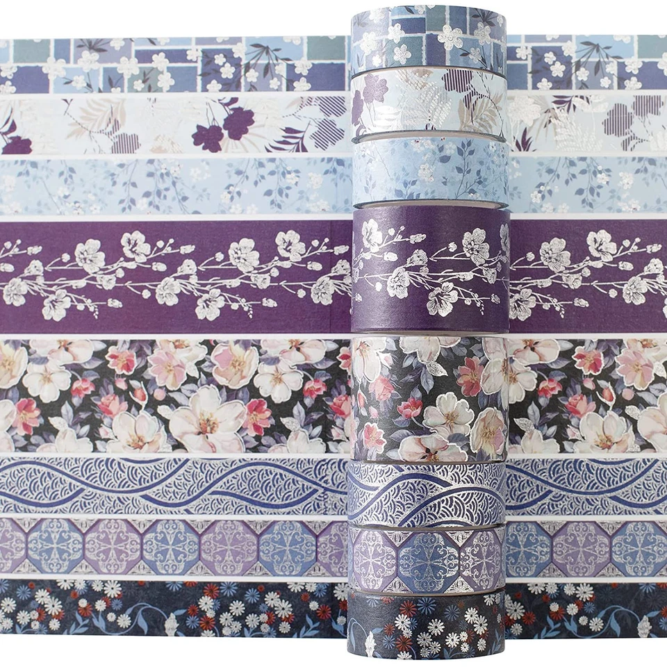 Elegance Blue Washi 胶带套装 8 卷宽银色装饰遮蔽工艺胶带 — 第 3/4 张图片
