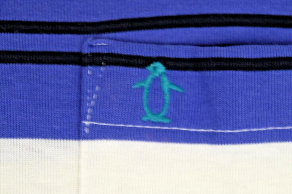 Camisa pinguim vintage Slammer EUA Munsingwear tamanho M anos 90 listra branca azul feita nos EUA - Imagem 3 de 4