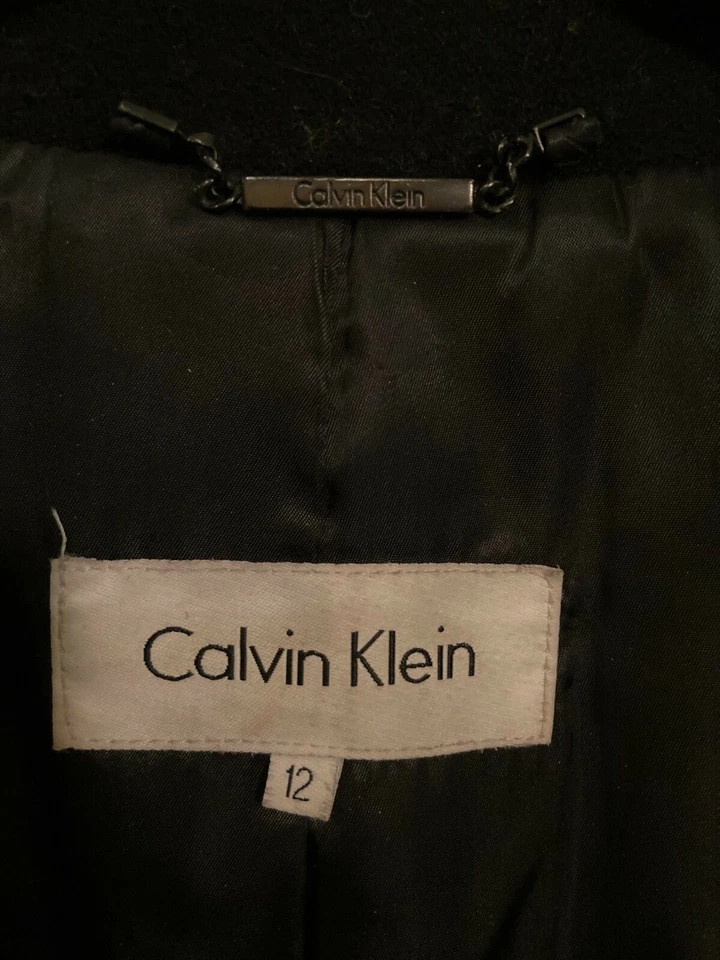 Calvin Klein 100% Wool Black Mid Length Coat Stand up Collar hidden Button Sz 12 - Image 3 of 4