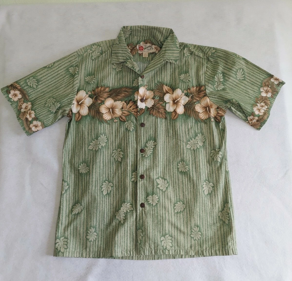 Mens Hilo Hattie hawaiian aloha short sleeve shirt cotton L green floral