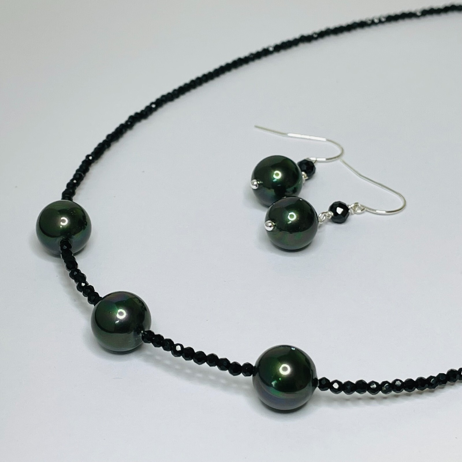 Ensemble bijoux collier + BO argent perles pierre précieuse spinelle noire #1572