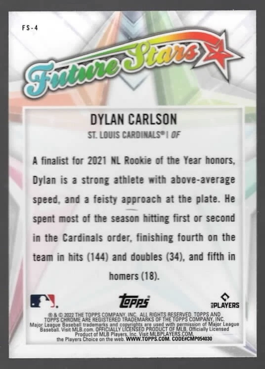 2022 Dylan Carlson Topps Chrome Baseball Future Stars Refractor Cardinals FS-4 - Image 2 of 2