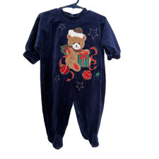 VTG Velour Christmas Romper Sleeper 9 months Navy Bear Plaid Ornaments Soft