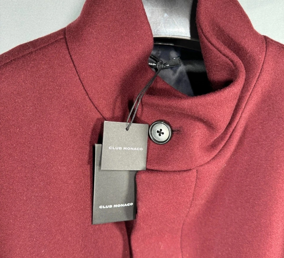 Abrigo Club Monaco Para Hombre Mezcla de Lana Cuello Embudo Encubierto Rojo Vino Sólido Talla 40 $398 Foto 3 de 4