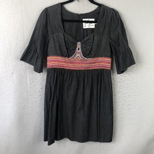 VaVa By Joy Han Dress Womens Medium Gray Chambray Beaded Empire Waist Boho