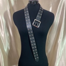 Y2K Black Leather Double Grommet Belt Silver Square Dual Prong Buckle
