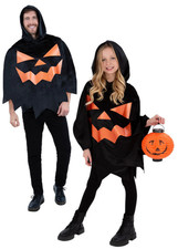Pumpkin Poncho Adults Kids Black Hooded Poncho Fancy Dress Accessory Halloween
