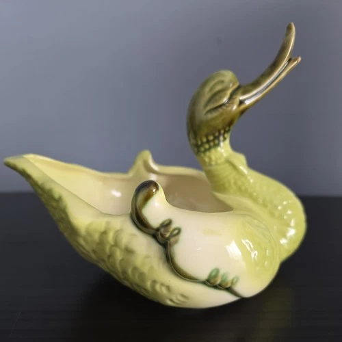 Vintage Hull USA 80 Swan Duck Goose Bird Ceramic Planter Chartreuse Green Yellow