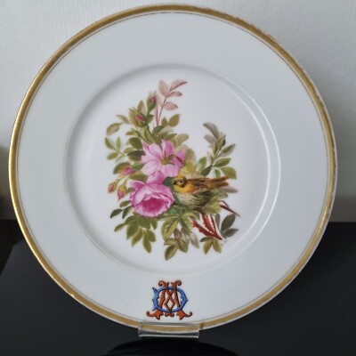 Teller Porzellan bemalt Vogel Blumen 19. Jh. Chambon Godefroy Nantes Bird 19thC