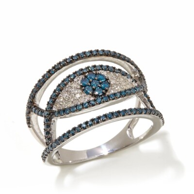 3/4ctw Blue & White Diamond ''Evil Eye'' Charm Sterling Silver Ring Size 9