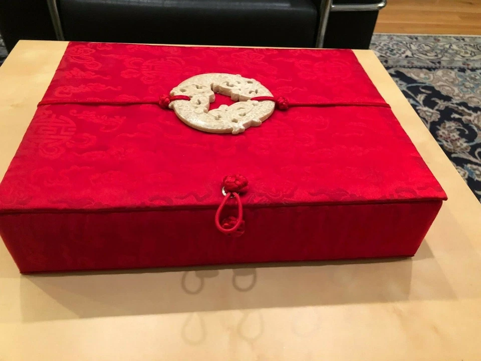 NUEVO álbum de fotos de boda vintage de seda con acento de jade verde genuino sin usar en rojo Foto 4 de 4