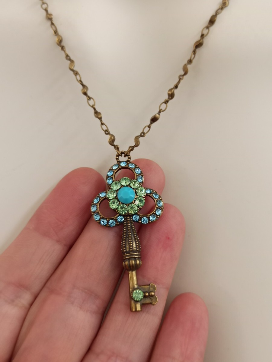 Michal Negrin Old Key Necklace Victorian Revival Pastel Green Blue
