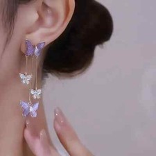 Purple Butterfly Dangle Earrings Shiny Rhinestone Inlaid Elegant Luxury Style