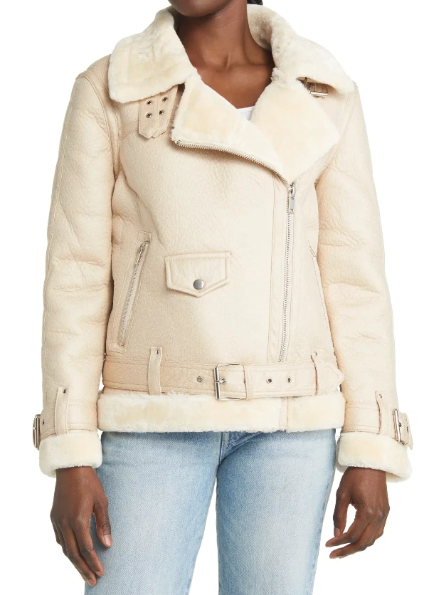 Topshop NWT Womens White Faux Leather Shearling Bomber Moto Biker Jacket Sz  8