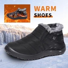 Men Ankle Snow Boots Slip On Winter Waterproof Fur Lined Outdoor Anti-Slip Shoes