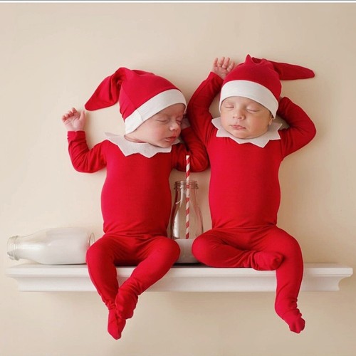 Newborn Baby Girl Boy Christmas Elf Costume Santa Hat Romper Outfit Photo Props - Picture 1 of 12
