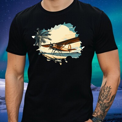 Men's Seaplane Palm Tree Print Cotton T-Shirt Size XS to 5XL
