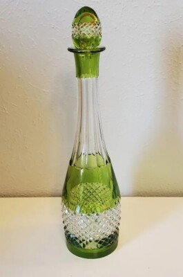 Vintage Val Saint Lambert Green Cut Crystal Decanter. Stopper Is Broken