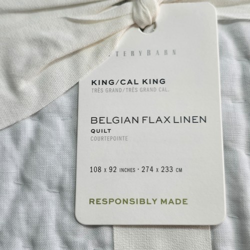 POTTERY BARN BELGIAN FLAX LINEN HANDCRAFTED QUILT KING/CAL KING ~ BLUE FROST - Picture 5 of 7