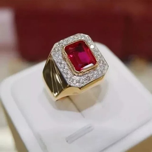 Lab Created Red Ruby Wedding Men's Ring 14K Yellow Gold Plated