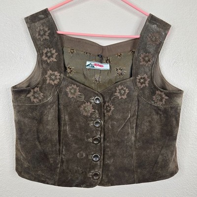 Vintage Alphorn Green Suede Vest Floral Embroidery Button Front Womens Size 46 E