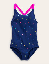 Mini Boden Swimsuit Girls 9-10 Navy w/Rainbow Foil Confetti Cross-back One Piece