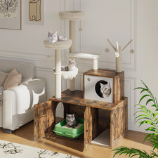 55'' Cat Tree with Litter Box Enclosure, Wooden Cat Washroom Furniture Wooden Ca
