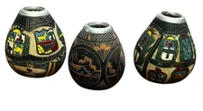 Yerba Mate Gourd Cup Lot Hand Carved Souvenirs X 3