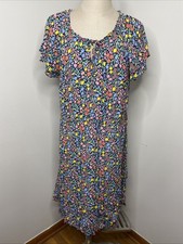 Talbots Sz 16 Dress Dark Floral Midi Short Sleeve Tie Neck Ruffle Blue Yellow