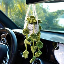 Crochet Hanging Plant for Rear View Mirror Accessories Hanging Decor Boho Car...