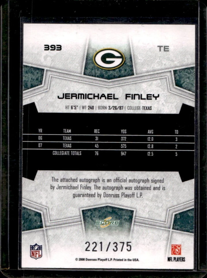 2008 Score Select Jermichael Finley Inscriptions Rookie RC Auto #/375 Packers - Image 2 of 2