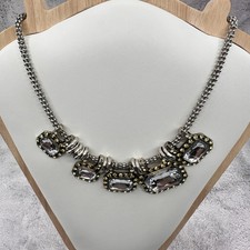 Silver Tone Clear Crystal Bib Statement Necklace Yellow Rhinestone Vintage Glam