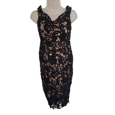 DO BE Black Lace Sheath Midi Dress Nude Lined V Neck Zipper Women's M
