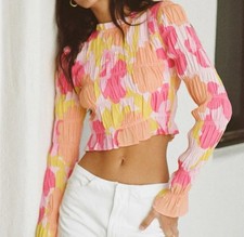 Sabo Skirt Zaya Crepe Top Nectar Floral Size Medium Pink Crop Top Long Sleeve