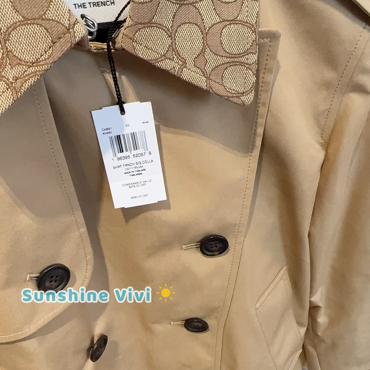NWT COACH Women Short Trench Coat With Signature Collar Khaki