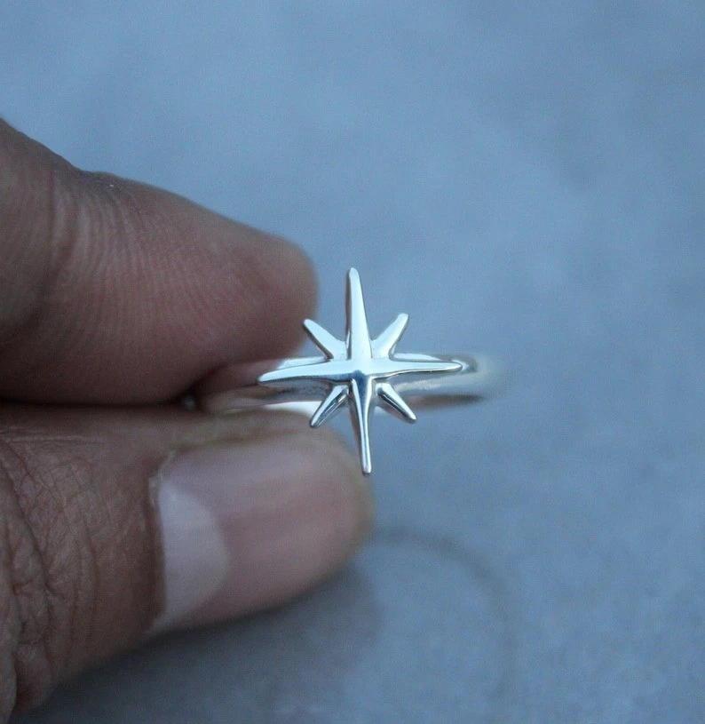 Yellow Gold Starburst Design Rings 925 Silver North Star Rings Celestial Jewelry - Image 2 of 4