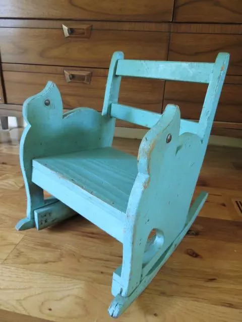 Antique Primitive Blue Green Paint CHILD S Vtg Wood ROCKING CHAIR