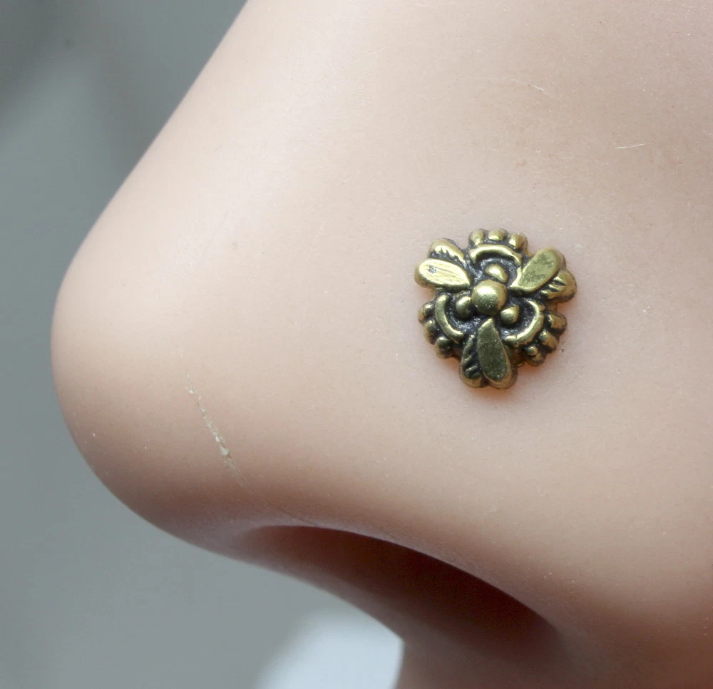 Unique Indian nose Stud Antique gold finish nose ring corkscrew ring l bend