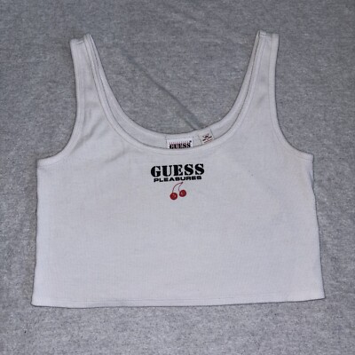 Guess Pleasures Los Angeles Logo Crop Tank Top Women Lg White Trim