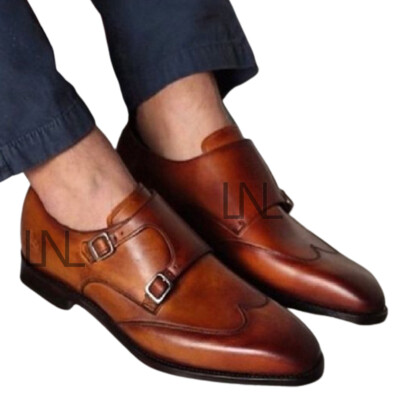 New Men's Brown Color Monk Shoes Double Strap Wing Tip Genuine Leather Shoes