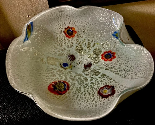 Murano Italy Tutti Frutti Silver Flecked Millefiori Art Glass Bowl Vintage