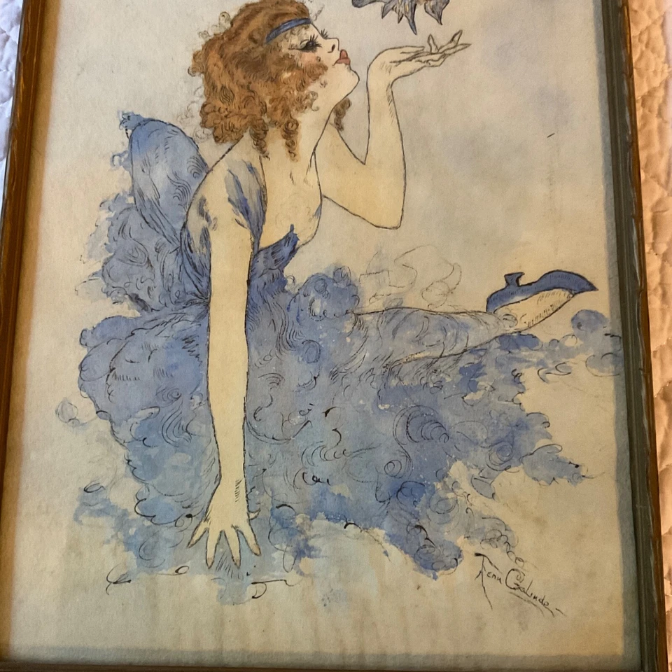 Vintage años 30 mujer bebé hada retrato acuarela original PINTURA pintado a mano Foto 3 de 4