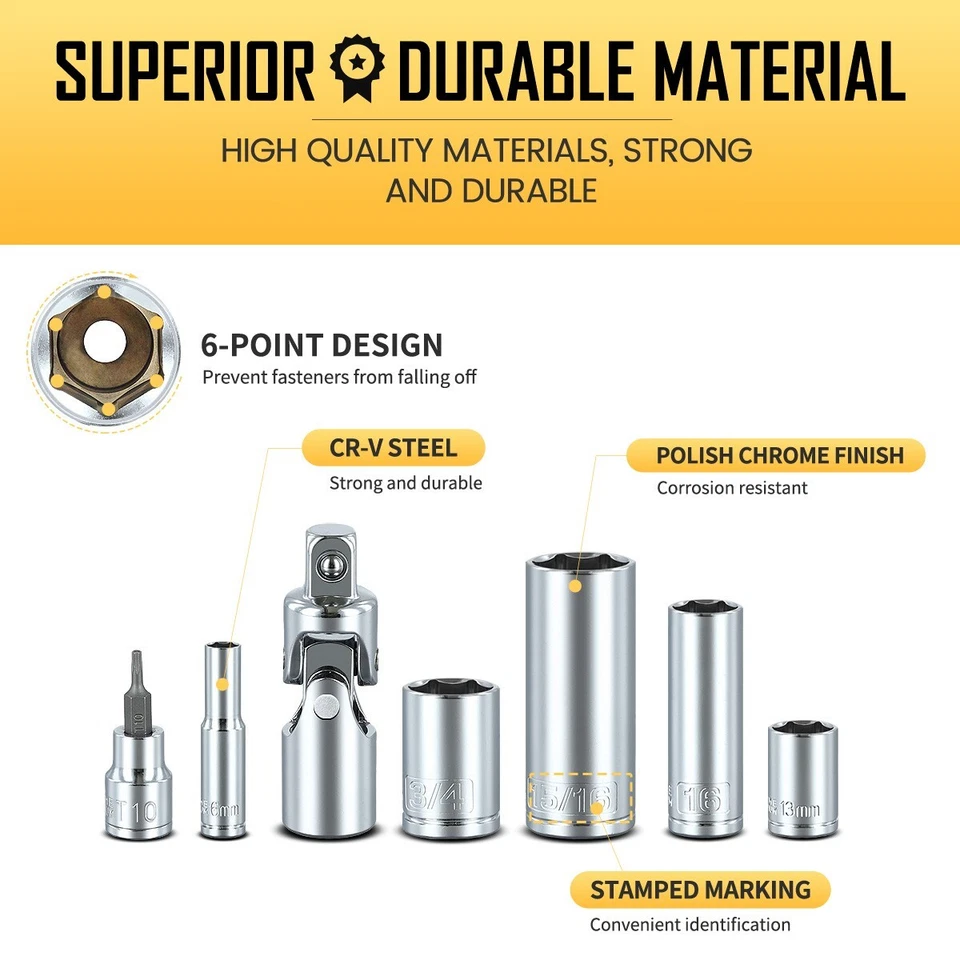 BOEN 225PCS Mechanic Tool Set, 1/4" & 3/8" & 1/2" Drive Socket Wrench Set - Image 3 of 4