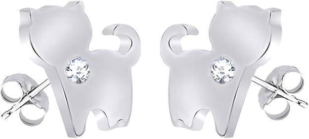 Cat Stud Earrings Round Cubic Zirconia 925 Sterling Silver