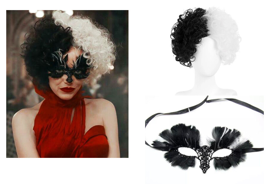Cruella Devil Cosplay Half Black And White Wig and Mask SET