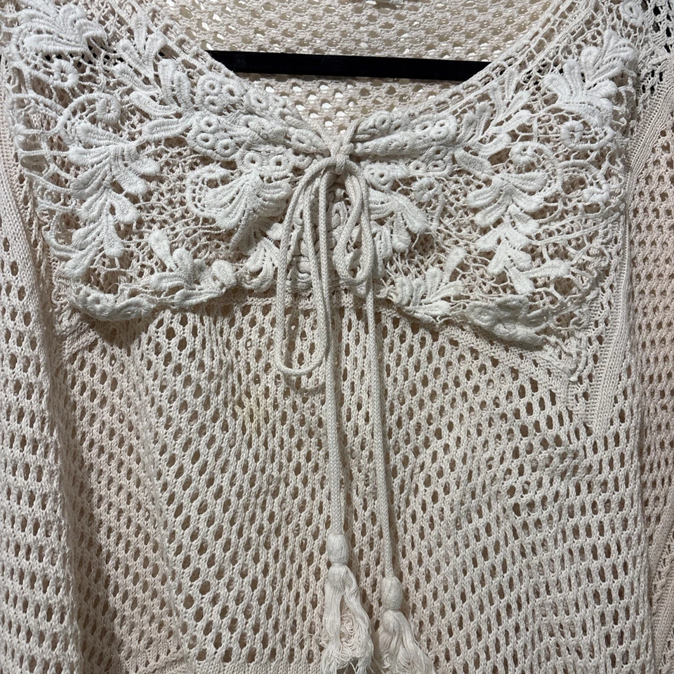 Double Zero Crochet Poncho Size Medium Ecru Cream Fringe 100% Cotton Boho Hippie - Image 2 of 4