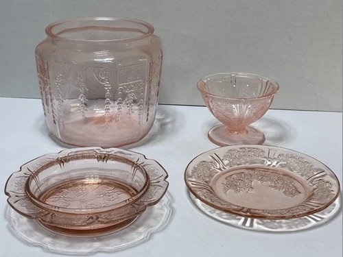 4 Pieces Assorted  Pink Depression Glass Biscuit Jar, Plate, Bowl,& Custard Cup